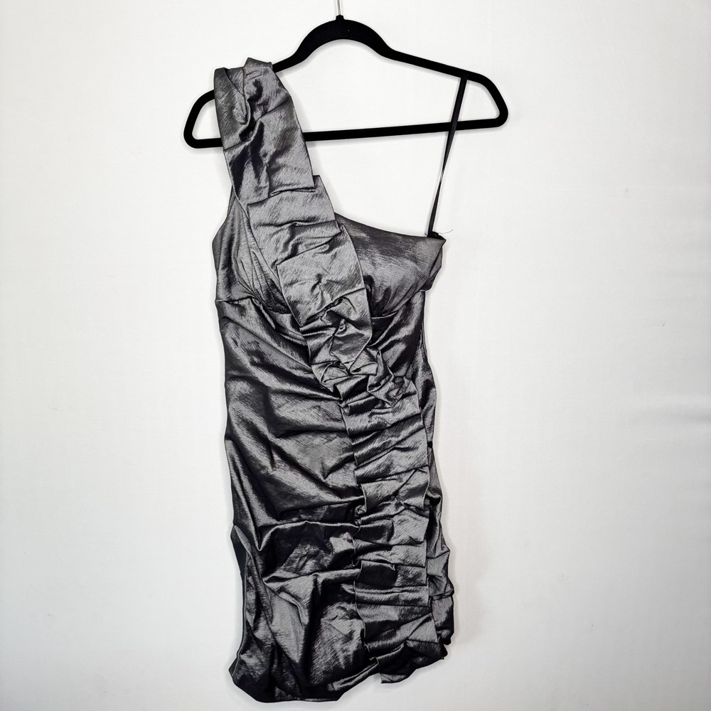 Betsy & Adam One Shoulder Ruffle Ruched Metallic Cocktail Dress Size 10 - Picture 3 of 8